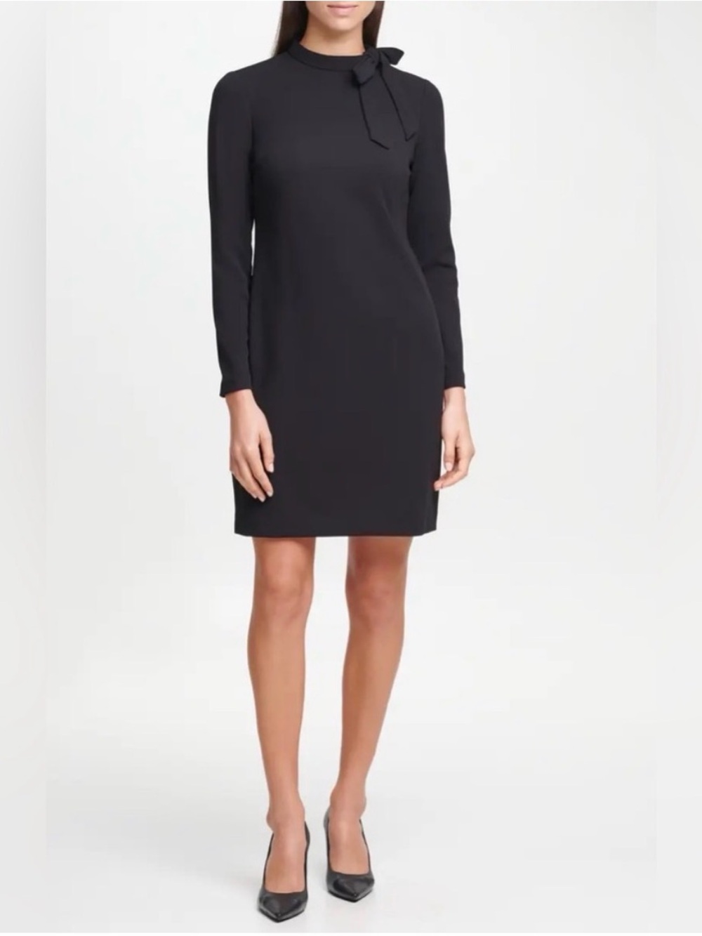 Calvin Klein Black Long-Sleeve Bow-Neck Shift Dress